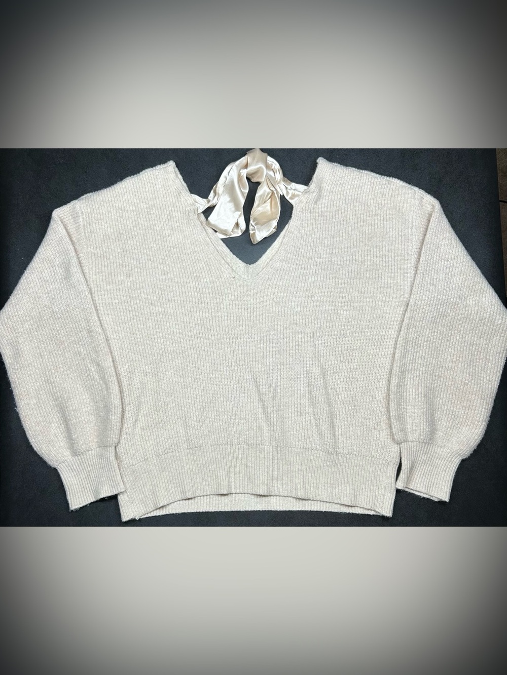 Cupshe Women’s Size M Tan Ribbed V-Neck Bow Back Casual Knit Sweater - Picture 9 of 9